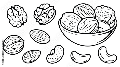 Hand drawn black and white illustration of various nuts and dried fruits in a bowl and scattered around