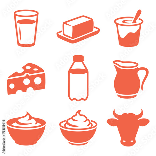 Collection of dairy products and cow icon set