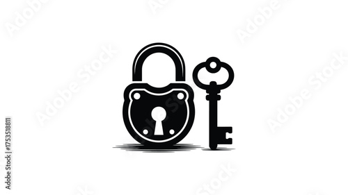 Vintage padlock and antique key silhouette symbolizing security privacy and access