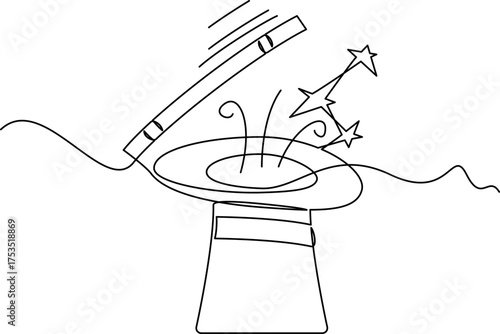 one line art Magic Wand and Hat vector illustration. line art, one continuous line, simple, hand drawn and sketch style. for icons, symbols, signs or logos. PNG