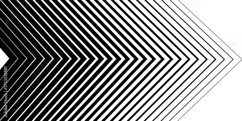 Minimal Black and White Background with Arrow Pointing Right. Striped Transition from Black to White Abstract Strict Lines. Simple Pattern. Vector Illustration.