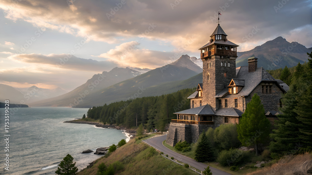 Fototapeta premium Majestic castle perched on a cliff overlooking a serene lake and mountains