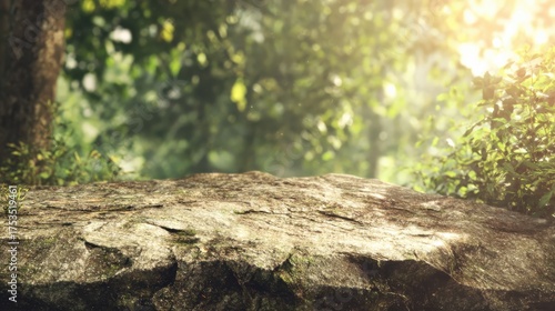 Sunlit forest rock surface with lush green background