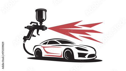 Automotive paint spray gun applying red paint to a car