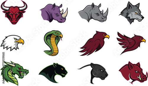 Collection of twelve fierce animal heads including bull wolf eagle cobra dragon panther rhino rhinoceros