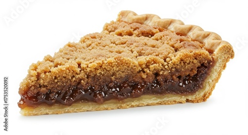 Isolated slice of shoofly pie with crumb topping on white background for dessert or bakery uses