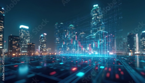 Wallpaper Mural Illustration presents stock market analysis with data overlayed on cityscape. Digital trading concept shows financial charts with skyscrapers in background. Business investment visualized with tech Torontodigital.ca