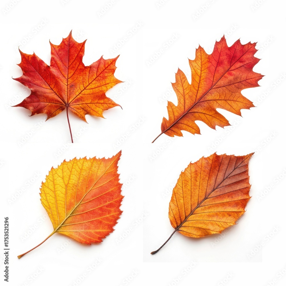 Fototapeta premium Collection of four vibrant autumn leaves isolated on white background.
