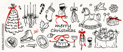 Set of whimsical Christmas tree, dinner table, candle line art. Whimsy sketch xmas rocking horse hand drawn doodle. Coquette vector outline illustration