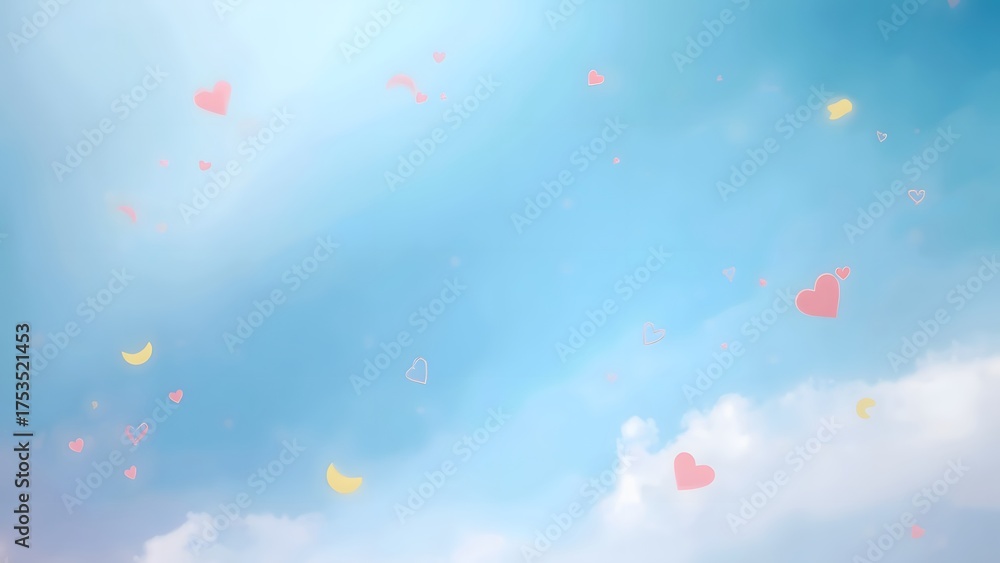 Fototapeta premium Gentle pastel sky backdrop with heart and crescent moon shapes scattering across