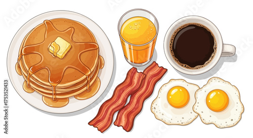 A delicious and hearty breakfast spread featuring a stack of pancakes with butter and syrup, crispy bacon, two fried eggs, a glass of orange juice, and a cup of coffee.
