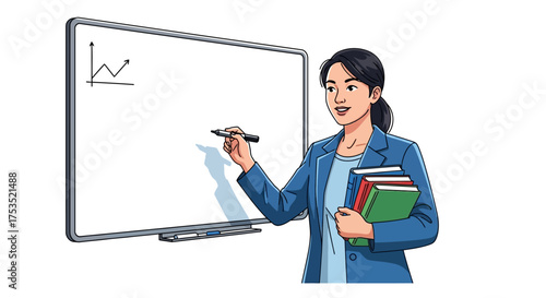 A female teacher or business professional in a blue jacket holding books and drawing a graph on a whiteboard.