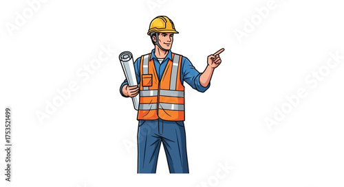 A construction worker in a hard hat and safety vest holding blueprints and pointing to the right.
