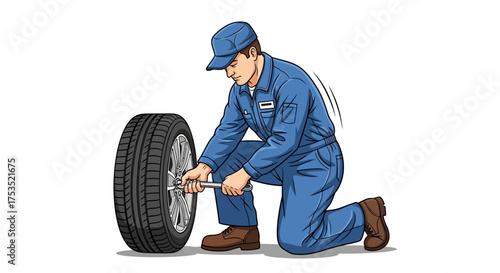 A male mechanic in a blue uniform and cap kneeling and using a lug wrench to change or fix a car tire on a white background.
