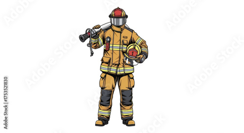 Illustration of a firefighter in full protective gear holding a helmet and a fire hose nozzle over their shoulder.