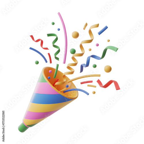 A colorful party popper exploding with confetti and streamers.