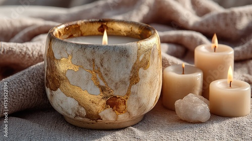 Kintsugi-inspired ceramic cup surrounded by candles 