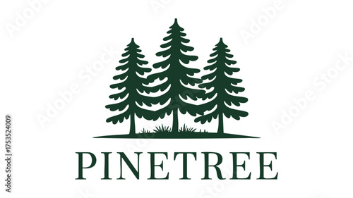 Stylized illustration of three evergreen pine trees with the word pinetree below