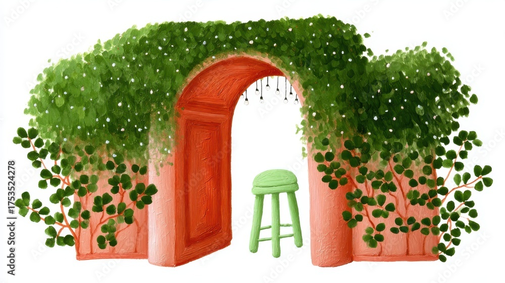 Fototapeta premium Cute tea cafe front, chalk color, white background, Garden archway adorned with lush greenery and a green stool, in green and orange brick setting