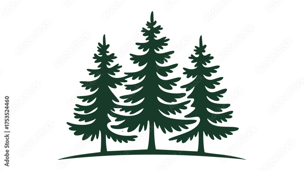 Fototapeta premium Three dark green evergreen trees on a white background