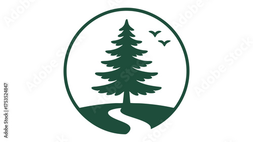 Oval emblem featuring a pine tree winding path and birds