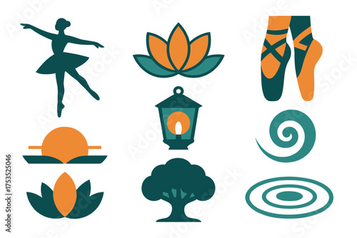 Ballet Icons. Ballet Frappé set of icons in geometric flat vector style ballet dancer silhouette, lotus blossom, sunrise glow, pointe shoes, flowing spiral, glowing lantern, shaded