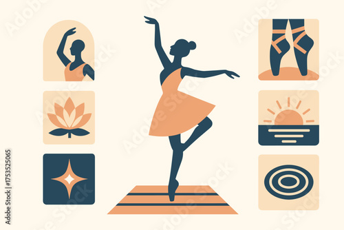 Geometric Ballerina Icons. Graceful Center set of icons in geometric flat vector style ballerina silhouette, pointe shoes, sunrise horizon, elegant posture, lotus flower, glowing