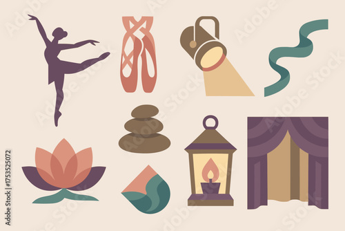 Geometric Ballet Icon Set. Fondu set of icons in geometric flat vector style ballet dancer in fondu pose silhouette, ballet slippers, stage spotlight, flowing ribbon, lotus blossom