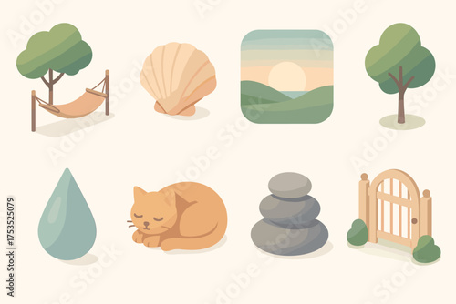 Tranquil Isometric Icons. Tranquil set icons in flat vector style hammock in shade, calm seashell, open sky at dawn, silent tree, gentle rain drop, relaxed cat, smooth pebble stack
