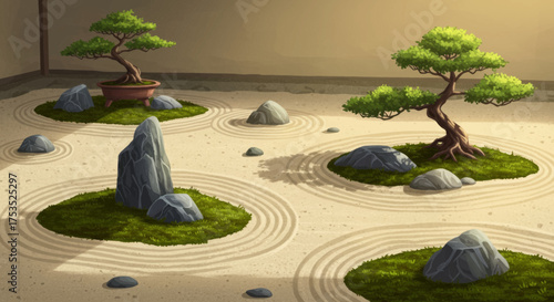 Serene Japanese Zen Garden with Raked Sand and Bonsai Trees