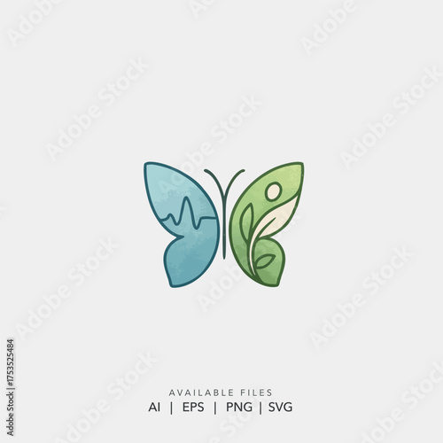 Abstract Butterfly Logo Heartbeat Leaf Natural Health Care Design, Modern Organic Wellness Vector Logo