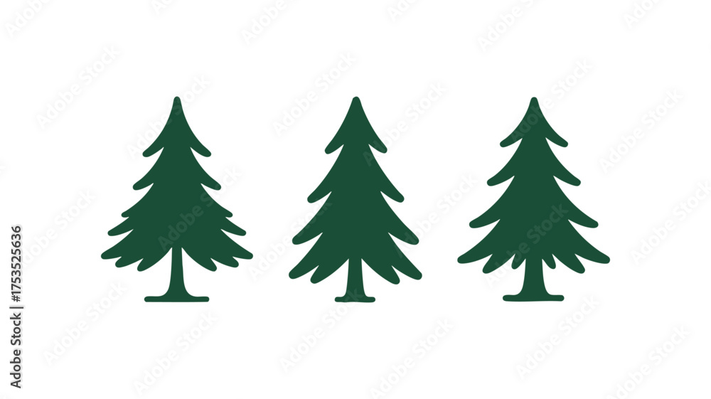 Obraz premium Three stylized dark green pine trees on a white background