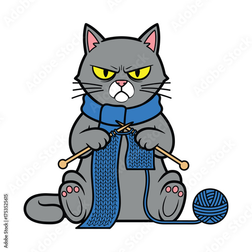 Grumpy Cat Wearing Scarf Knitting with Yarn Ball vector illustration