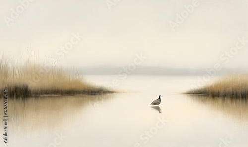 Serene bird on calm water soft lighting tranquil nature scene
