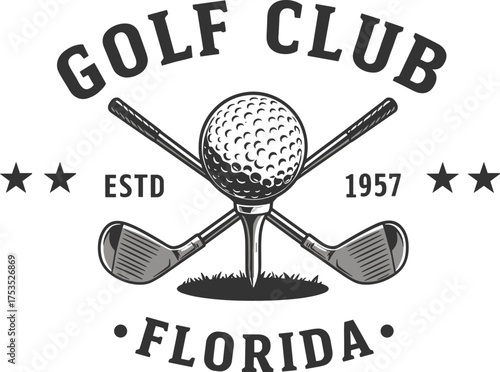 Golf club logo with crossed clubs ball and E S T D 1957 Florida golf ball golf clubs