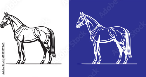 Black and white graphic illustration of horses legs standing gracefully