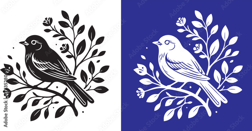 Fototapeta premium Black and white vector image of branch with leaves and berries