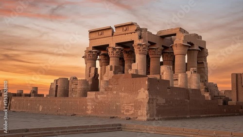 Ancient Temple at Sunset: The ancient temple stands stoically, its weathered stone facade a testament to bygone eras, as the sun dips below the horizon.