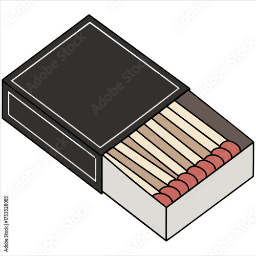 Open black matchbox with wooden matches showing red tips. Isolated on transparent background