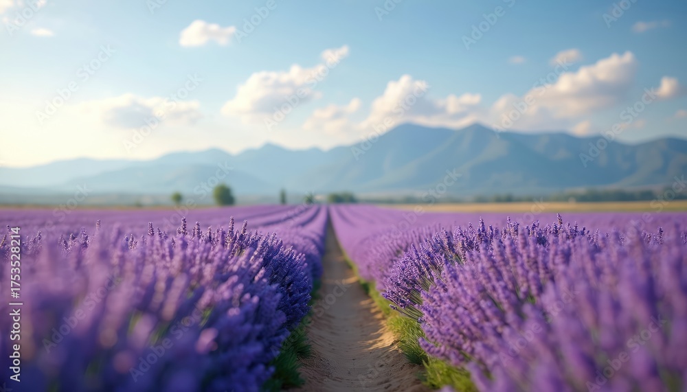 Fototapeta premium Picturesque photo of lavender field. Purple flowers extend to the horizon. Mountains and sky in the background create a scenic view. Sun shines over blooming flowers.