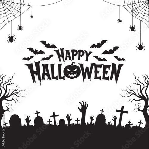 Spooky Halloween Silhouette with Graveyard and Spiders
