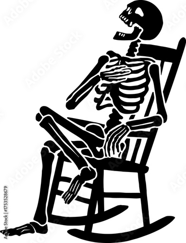 Laughing skeleton sitting on rocking chair ? timeless comedy art