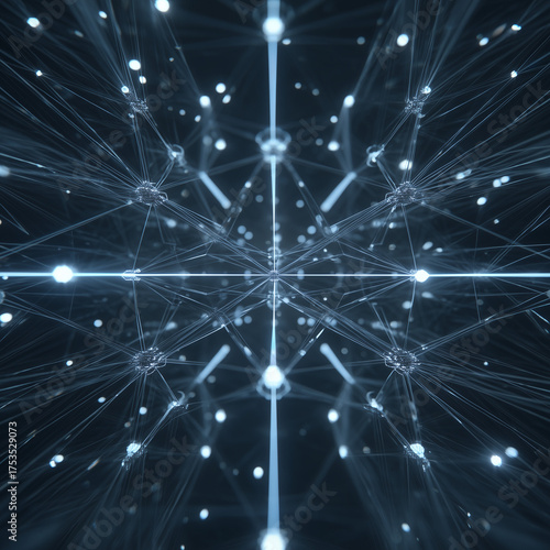 Cybernetic Web: An ethereal, three-dimensional web of glowing blue lines and nodes representing complex interconnected networks of digital data, innovation, and abstract ideas.