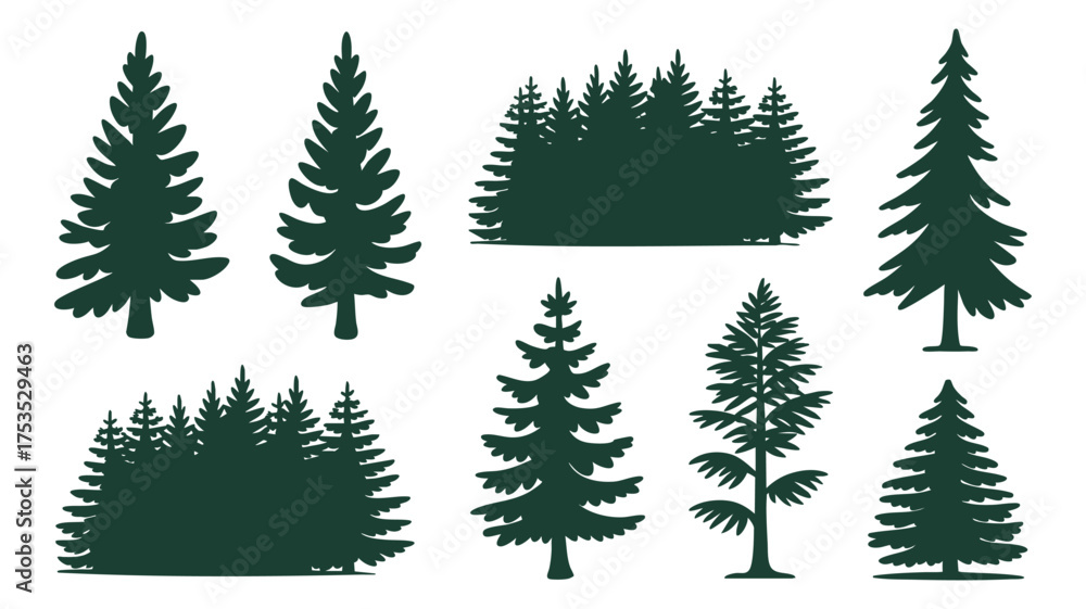 Obraz premium Collection of evergreen pine fir trees silhouette forest woodland nature landscape elements