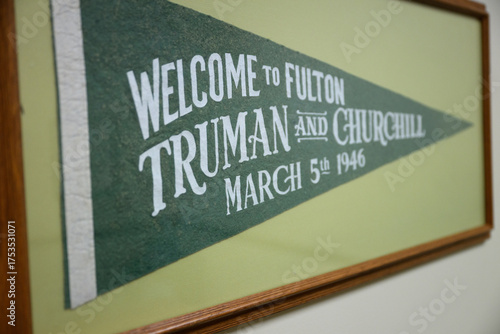 Harry S. Truman and Winston Churchill Iron Curtain Speech Welcome Banner from 1946 at Fulton, Missouri Westminster College Speech