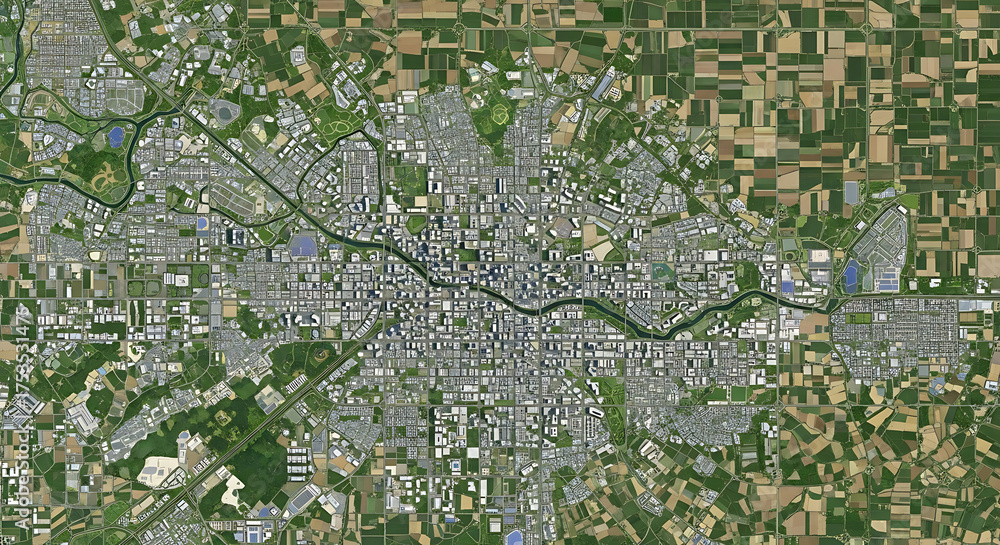 Fototapeta premium Aerial View of a City Urban Landscape and Geographical Features in a Detailed Satellite Perspective
