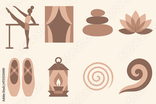 Geometric Ballet Icons. Poised Barre Stretch set of icons in geometric flat vector style ballet figure with barre silhouette, slippers, curtain drape, smooth stone stack, lotus