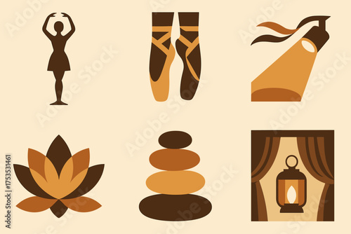 Ballet Icons Collection. Fifth Position set of icons in geometric flat vector style ballet dancer in fifth position silhouette, ballet slippers, stage spotlight, flowing ribbon