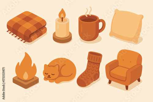 Cozy Winter Essentials. Cozy set icons in flat vector style warm blanket, glowing candle, steaming mug, soft pillow, fireplace flame, relaxed cat, knitted sock, cushioned chair