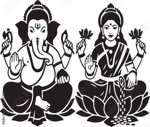 Divine Harmony: Ganesha and Lakshmi Together: A monochromatic artistic depiction of Ganesha and Lakshmi, two revered deities, harmoniously seated, portraying a sense of tranquility, auspiciousness.